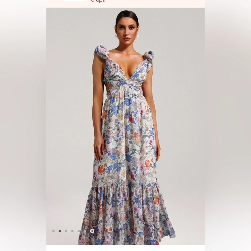 NWT Sunfere Floral Cut Out Maxi Dress Size Medium Lace Up Back Ruffles Flowy - Picture 5 of 14